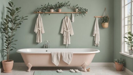 Elegant Vintage Bathtub in a Serene Bathroom with Greenery, Generative AI