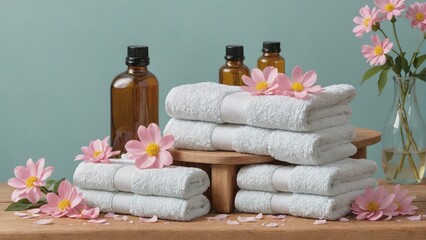 Obraz na płótnie Canvas Spa Essentials with Fluffy Towels and Aromatic Oils, Generative AI