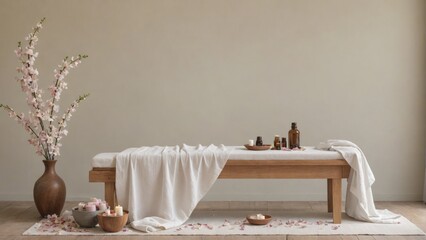 Serene Massage Table Setup with Natural Light and Floral Accents, Generative AI