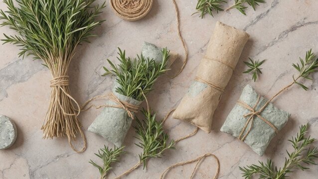 Herbal compresses tied with twine, arranged next to sprigs of herbs on natural stone or marble, with a calming hue in the background, emphasizing the natural healing theme, Generative AI