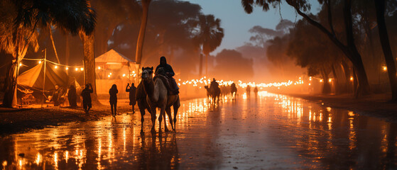 people riding horses down a wet road at night with lights on