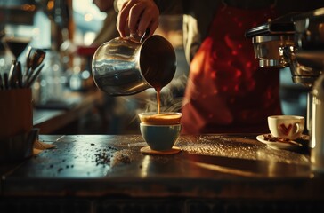 Fototapeta na wymiar Barista Pouring Fresh Coffee in a Cozy Cafe