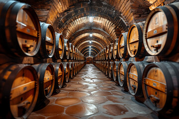 Old cellar with barrels and other made wine