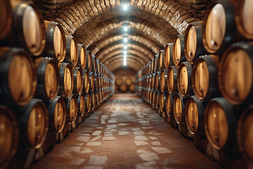 Old cellar with barrels and other made wine - obrazy, fototapety, plakaty