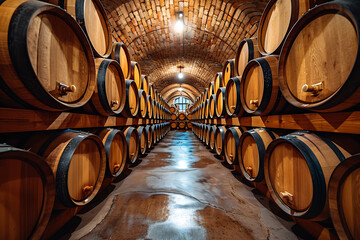 Old cellar with barrels and other made wine