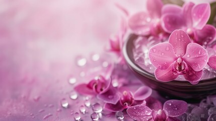Vibrant pink orchids with dewdrops in a tranquil spa ambiance, reflecting purity and relaxation
