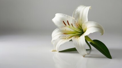 photograph of white lily with leaf on white background 