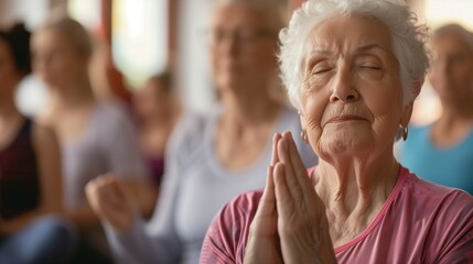 Serene elderly lady with eyes closed leads a group meditation in a peaceful yoga studio