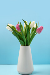 Vase with beautiful tulips on blue background. International Women's Day