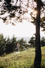 A young woman practices yoga and meditates in the mountains at sunset. Peace and unity with nature.