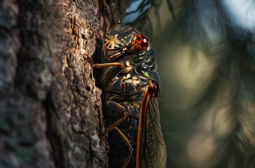 Detailed Cicada Clinging to a Tree Trunk