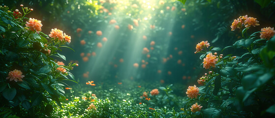 sunlight shining through the trees and flowers in a forest