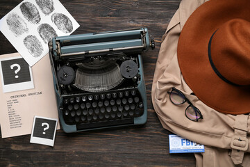 Composition with retro typewriter, criminal files and clothes on wooden background