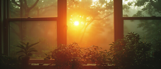 a view of a sun setting through a window with plants
