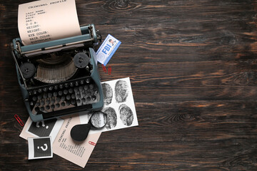 Retro typewriter, criminal files and document of FBI agent on dark wooden background