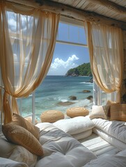 Fototapeta na wymiar Airy beachside cabana with flowing curtains, soft and tranquil vacation vibe