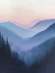 Obraz premium Airy mountain landscape at dawn, soft hues and gentle morning light