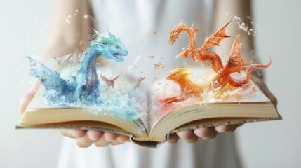 Child's hands holding book with magical creatures flying out, imagination in literacy, simple white backdrop