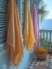 Colorful beach towels hanging on balcony, sea breeze, minimalist vacation theme