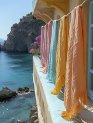Balcony adorned with colorful beach towels, capturing sea breeze, minimalist vacation vibe