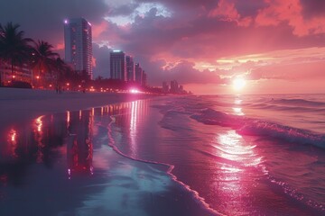 Fototapeta premium Summer travel vision, futuristic city beachscape in fluorescent fantasy tones