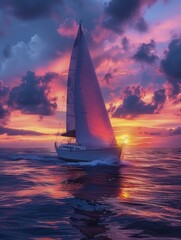 Fototapeta premium Dusk sailing on lone yacht, under fluorescent fantasy skies, peaceful vibe