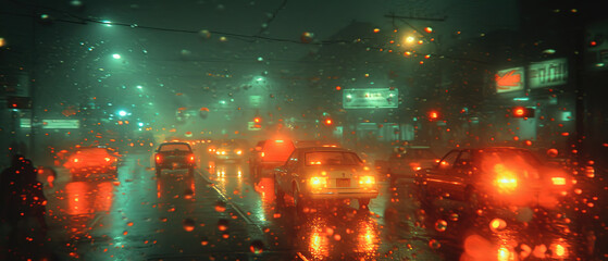 cars driving down a street in the rain at night