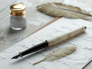 Quill pen and inkwell beside modern pen on paper, evolution of writing tools, minimalist white design