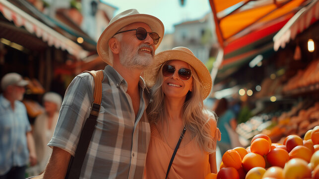 senior couple walking buying goods at a local bazar market or fair showcasing traditional cultural products, often attracting tourists travel outdoors exploring
