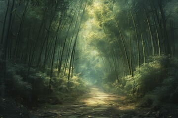 Peaceful retreat in softly lit bamboo forest, serene and airy path