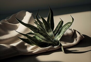 Aesthetic minimal floral composition with aloe vera plant leaves with shadows on crumpled beige linen blanket. Generative AI - obrazy, fototapety, plakaty