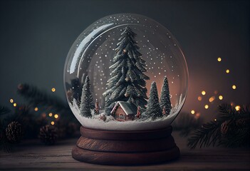 Fototapeta na wymiar Snow globe with Christmas tree. Generative AI