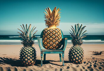 Tropical beach, hipster pineapples on chair with sky background. 3d rendering. Generative AI