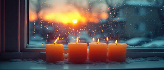 three candles are sitting on a window sill in front of a sunset