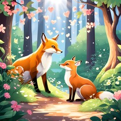 Fox in the forest. A fox and a deer nuzzling each other affectionately in a sun-dappled forest clearing, surrounded by heart-shaped leaves. Valentine's Day theme. Generative AI.