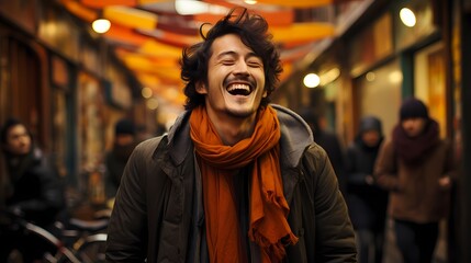 Fototapeta na wymiar A candid shot of a Japanese male model laughing while walking through a lively street market, captured by a handheld HD camera, reflecting his joyful spirit and fashionable ensemble