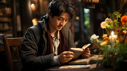 A candid shot of a Japanese male model engrossed in a book at a cozy street-side cafe, captured by a handheld HD camera, highlighting his intellectual charm and stylish attire