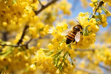 Buzzing Harmony: Bee Collecting Pollen from Acacia Blossom	