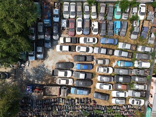 Arial view image of scrap cars. Aerial view of old car. Cars for spare parts.