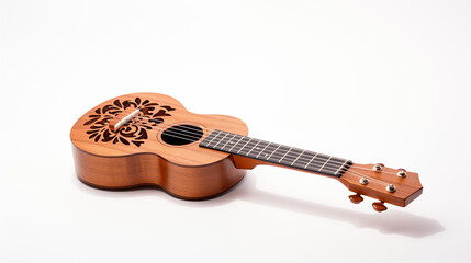 An acoustic guitar with intricate soundhole design and wooden body.