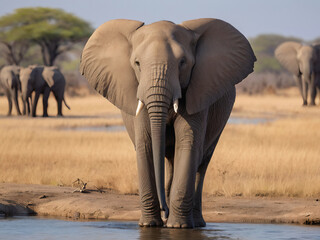 Fototapeta na wymiar Emperors of Chobe: Majestic African Elephant Surveying the Serenity of Botswana's Savuti Marsh in Chobe National Park