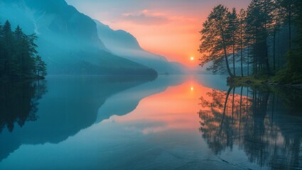 Serenity of dawn at mountain lake, reflection of the first light