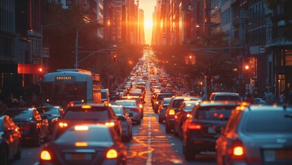 Fototapeta na wymiar Bustling urban street at sunset, city life in motion, vibrant colors