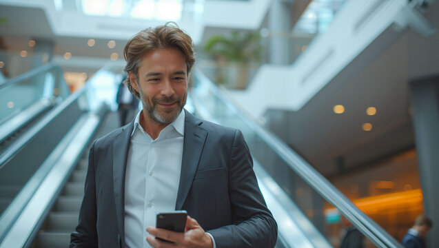 A businessman going down the escalator and using a smartphone