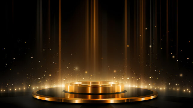 Luxurious and futuristic golden empty stage, golden particles background in stage shape