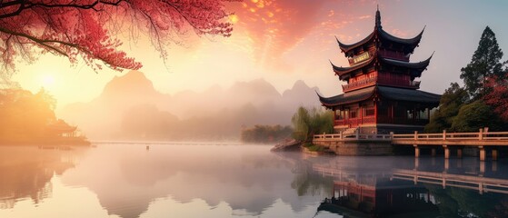 Misty Lake Sunset with Traditional Asian Pagoda