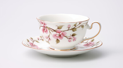 Elegant Floral Porcelain Teacup with Saucer on White Background - Powered by Adobe