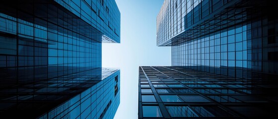 Upward View of Glass Skyscrapers Against Blue Sky