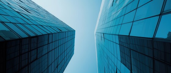 Looking Up at Reflective Glass Skyscraper Facades - obrazy, fototapety, plakaty