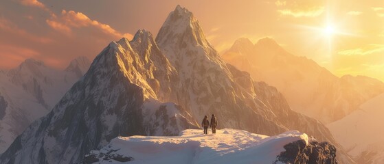 Sunrise Over Snowy Peaks with Mountain Climbers